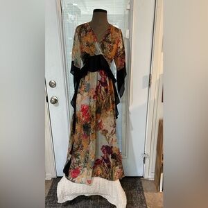 Floral V-Neck Maxi Dress with Black Ruffle Accent